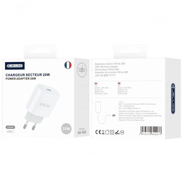 Adaptateur secteur Usb-C avec cable Usb-C/Type C vers Type C (20W) JELLICO AK180 Blanc Adaptateur secteur Usb-C avec cable Usb-C/Type C vers Type C (20W) JELLICO AK180 Blanc