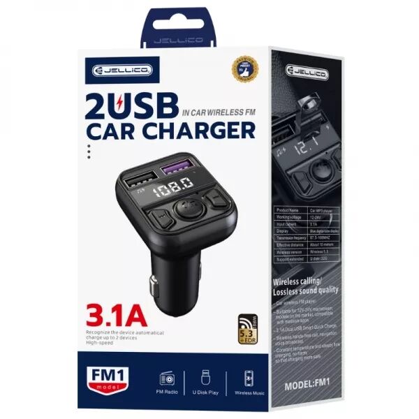 Adaptateur allume cigare bluetooth et transmetteur FM USB-A X2 voiture (3.1A) JELLICO FM1 (Boite/blister) noir