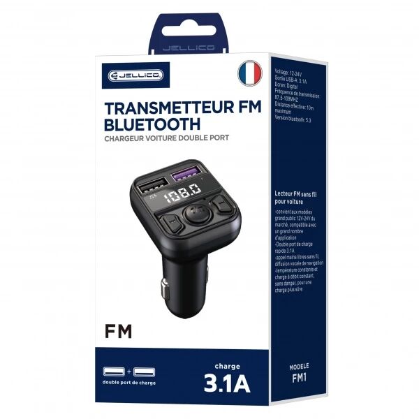 Adaptateur allume cigare bluetooth et transmetteur FM USB-A X2 voiture (3.1A) JELLICO FM1 noir