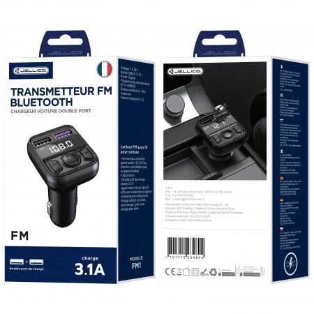 Adaptateur allume cigare bluetooth et transmetteur FM USB-A X2 voiture (3.1A) JELLICO FM1 noir