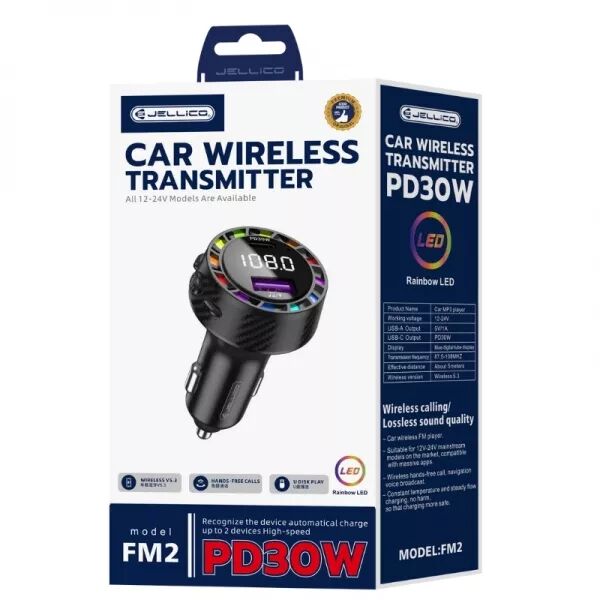 Adaptateur allume cigare bluetooth et transmetteur FM USB-A X2 voiture (3.1A) JELLICO FM2 (Boite/blister) noir