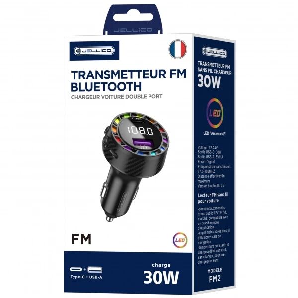 Adaptateur allume cigare bluetooth et transmetteur FM USB-A X2 voiture (3.1A) JELLICO FM2 noir