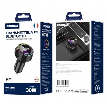 Adaptateur allume cigare bluetooth et transmetteur FM USB-A X2 voiture (3.1A) JELLICO FM2 noir