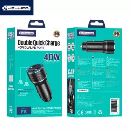 Adaptateur allume cigare USB-C/Type C X2 voiture (40W) JELLICO F8 (Boite/BLISTER) noir