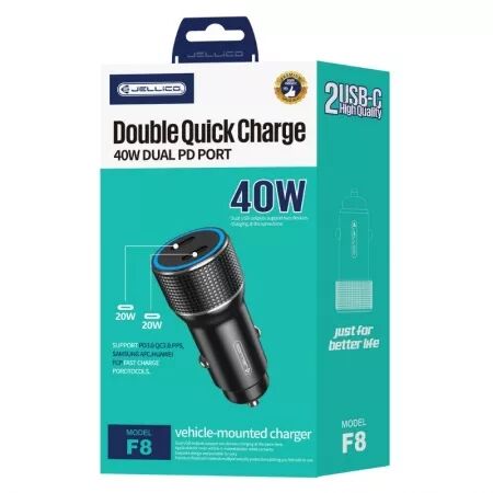 Adaptateur allume cigare USB-C/Type C X2 voiture (40W) JELLICO F8 (Boite/blister) noir