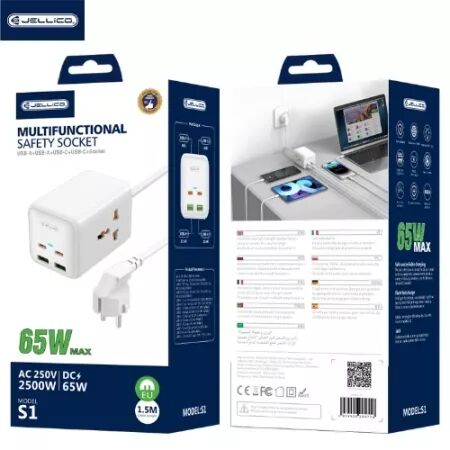 Adaptateur secteur 4 ports 2XUSB et 2XUSB-C/Type C (65W) 1.5M avec prise secteur JELLICO S1 (Boite/blister) blanc