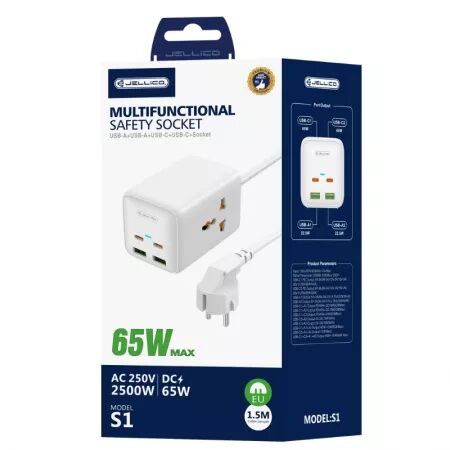 Adaptateur secteur 4 ports 2XUSB et 2XUSB-C/Type C (65W) 1.5M avec prise secteur JELLICO S1 (Boite/blister) blanc