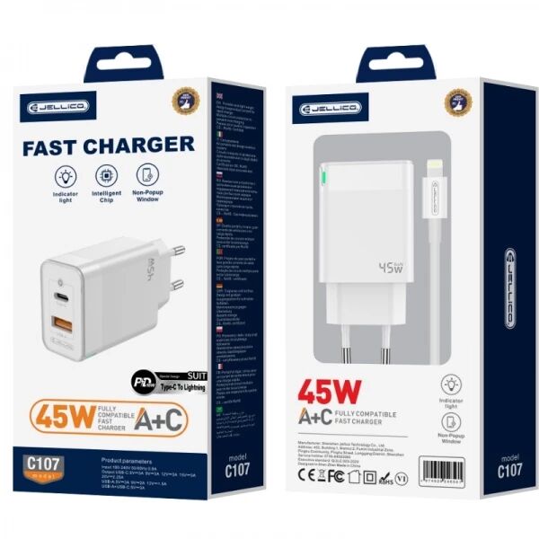 Adaptateur secteur Double port 1X USB-C + 1X USB-A (45W) avec cable USB-C/Type C vers Lightning JELLICO C107 (Boite/blister) blanc