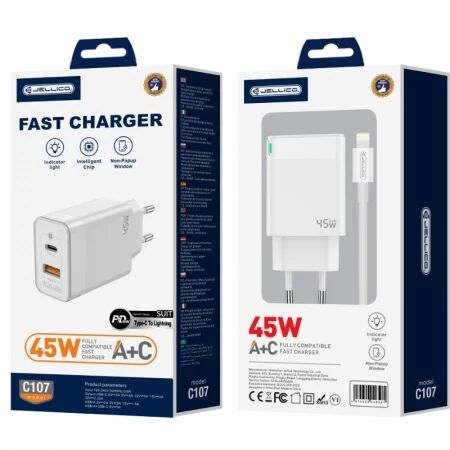 Adaptateur secteur Double port 1X USB-C + 1X USB-A (45W) avec cable USB-C/Type C vers Lightning JELLICO C107 (Boite/blister) blanc
