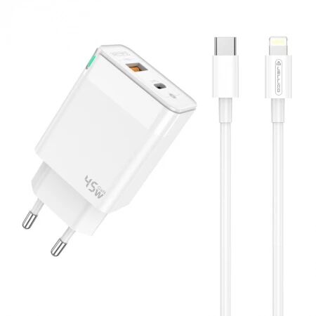 Adaptateur secteur Double port 1X USB-C + 1X USB-A (45W) avec cable USB-C/Type C vers Lightning JELLICO C107 (Boite/blister) blanc