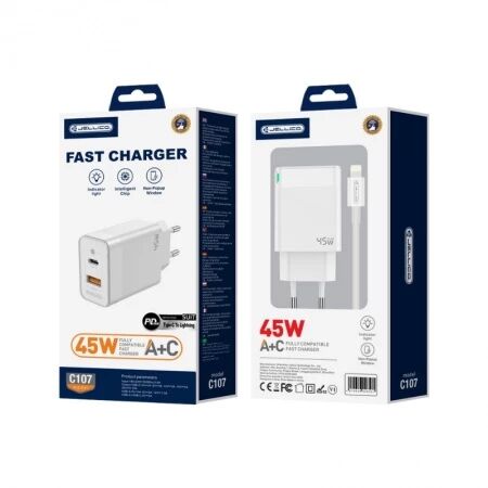Adaptateur secteur Double port 1X USB-C + 1X USB-A (45W) avec cable USB-C/Type C vers Lightning JELLICO C107 (Boite/blister) blanc