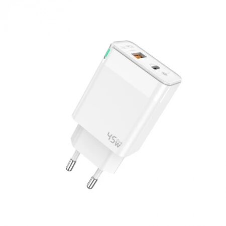 Adaptateur secteur Double port 1X USB-C + 1X USB-A (45W) avec cable USB-C/Type C vers Lightning JELLICO C107 (Boite/blister) blanc