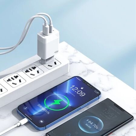 Adaptateur secteur Double port 1X USB-C + 1X USB-A (45W) avec cable USB-C/Type C vers Lightning JELLICO C107 (Boite/blister) blanc