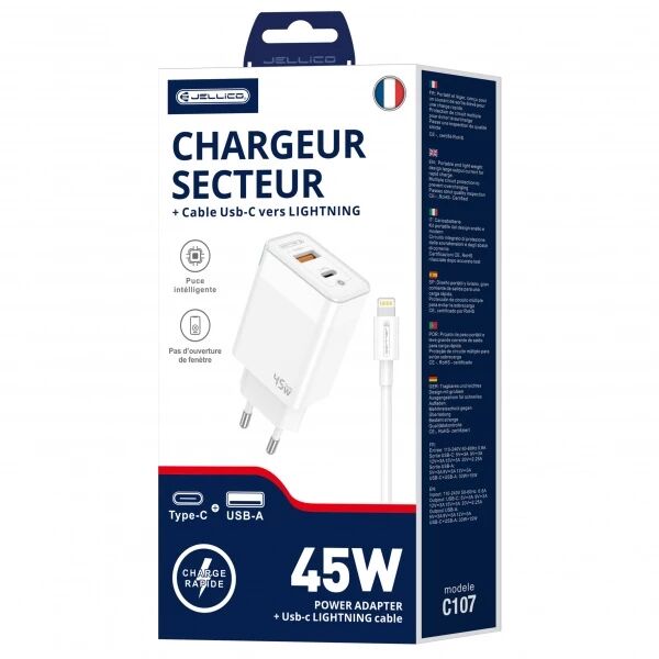 Adaptateur secteur Double port 1X Usb-C + 1X Usb-A (45W) avec cable Usb-C/Type C vers Lightning JELLICO C107 blanc