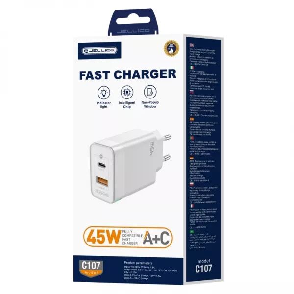 Adaptateur secteur Double port 1X USB-C + 1X USB-A (45W) avec cable USB-C/Type C vers Type C JELLICO C107 (Boite/blister) blanc