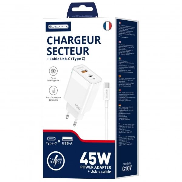 Adaptateur secteur Double port 1X Usb-C + 1X Usb-A (45W) avec cable Usb-C/Type C vers Type C JELLICO C107 blanc