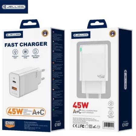 Adaptateur secteur Double port 1X USB-C + 1X USB-A (45W) JELLICO C107 (Boite/blister) blanc
