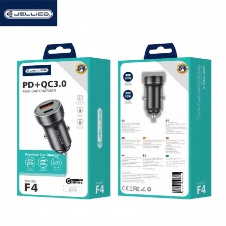 Adaptateur secteur double ports USB (18W) + USB-C/Type C (20W) voiture JELLICO F4 (Boite/BLISTER) noir