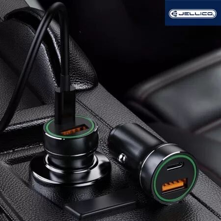 Adaptateur secteur double ports USB (18W) + USB-C/Type C (20W) voiture JELLICO F4 (Boite/BLISTER) noir