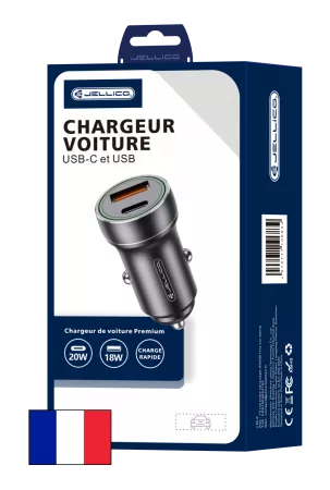 Adaptateur secteur double ports USB (18W) + USB-C/Type C (20W) voiture JELLICO F4 (Boite/blister) noir