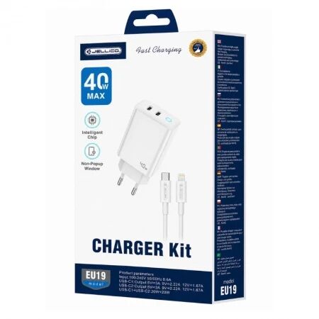 Adaptateur secteur double ports Usb-C (40W) avec cable Type C vers Lightning JELLICO EU19 blanc
