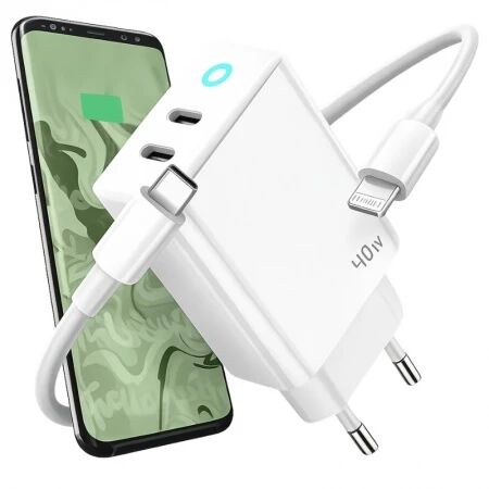 Adaptateur secteur double ports Usb-C (40W) avec cable Type C vers Lightning JELLICO EU19 blanc