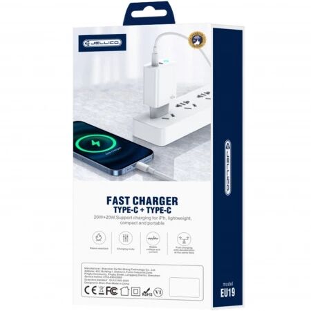 Adaptateur secteur double ports Usb-C (40W) avec cable Type C vers Usb-C JELLICO EU19 blanc