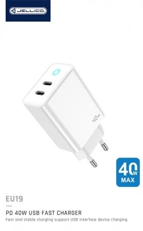 Adaptateur secteur double ports Usb-C (40W) avec cable Type C vers Usb-C JELLICO EU19 blanc