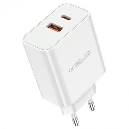 Adaptateur secteur double ports Usb et Usb-C/Type C (120W) avec cable Type C vers Usb-C JELLICO EC02 blanc