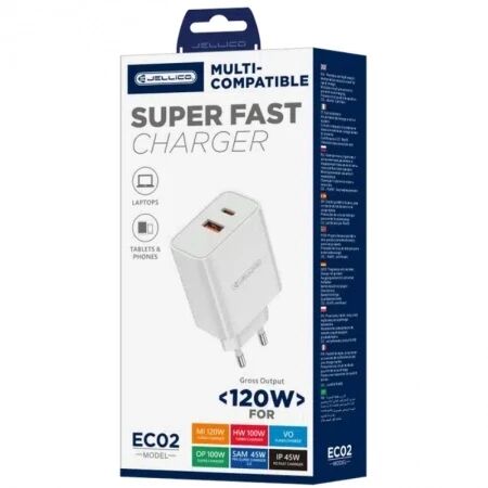 Adaptateur secteur double ports Usb et Usb-C/Type C (120W) avec cable Type C vers Usb-C JELLICO EC02 blanc