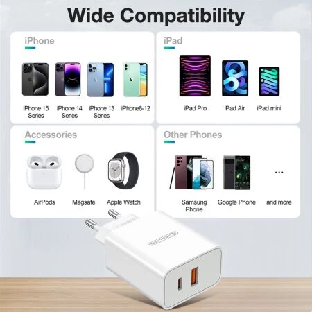 Adaptateur secteur double ports USB et USB-C/Type C (120W) JELLICO EC02 blanc