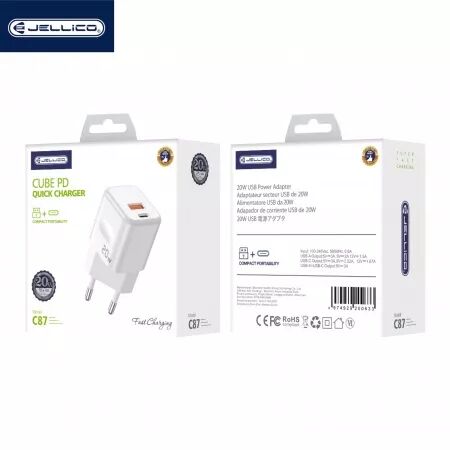 Adaptateur secteur double ports USB et USB-C/Type C (20W) avec cable Type C vers Type C JELLICO C87 (Boite/BLISTER) blanc