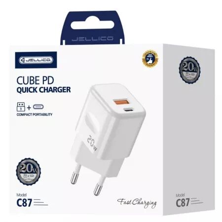 Adaptateur secteur double ports USB et USB-C/Type C (20W) avec cable Type C vers Type C JELLICO C87 (Boite/blister) blanc