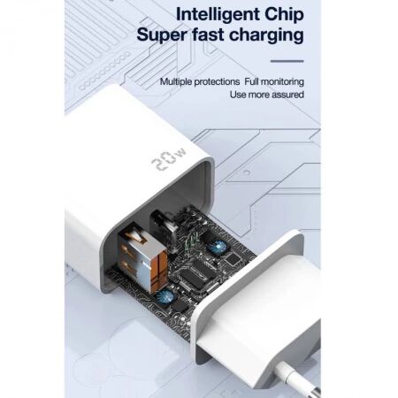 Adaptateur secteur double ports Usb et Usb-C/Type C (20W) avec cable Type C vers Usb-C JELLICO EU11 blanc