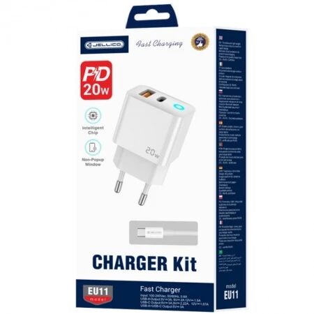 Adaptateur secteur double ports Usb et Usb-C/Type C (20W) avec cable Type C vers Usb-C JELLICO EU11 blanc