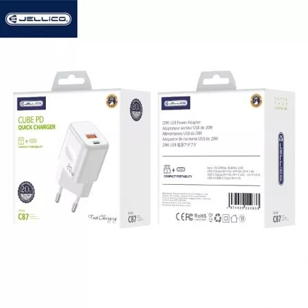 Adaptateur secteur double ports USB et USB-C/Type C (20W) JELLICO C87 (Boite/blister) blanc