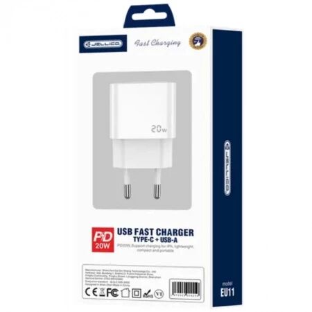 Adaptateur secteur double ports USB et USB-C/Type C (20W) JELLICO EU11 blanc