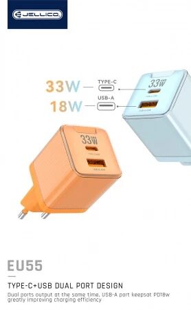 Adaptateur secteur double ports USB et USB-C/Type C (33W) avec cable Usb-C/Type C vers Lightning JELLICO EU55 orange