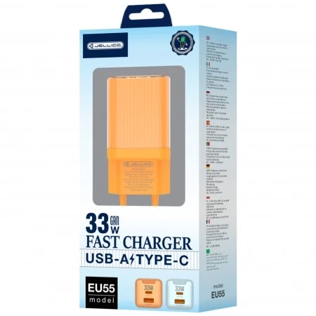 Adaptateur secteur double ports USB et USB-C/Type C (33W) avec cable Usb-C/Type C vers Lightning JELLICO EU55 orange