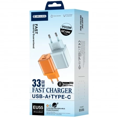 Adaptateur secteur double ports USB et USB-C/Type C (33W) avec cable Usb-C/Type C vers Lightning JELLICO EU55 orange