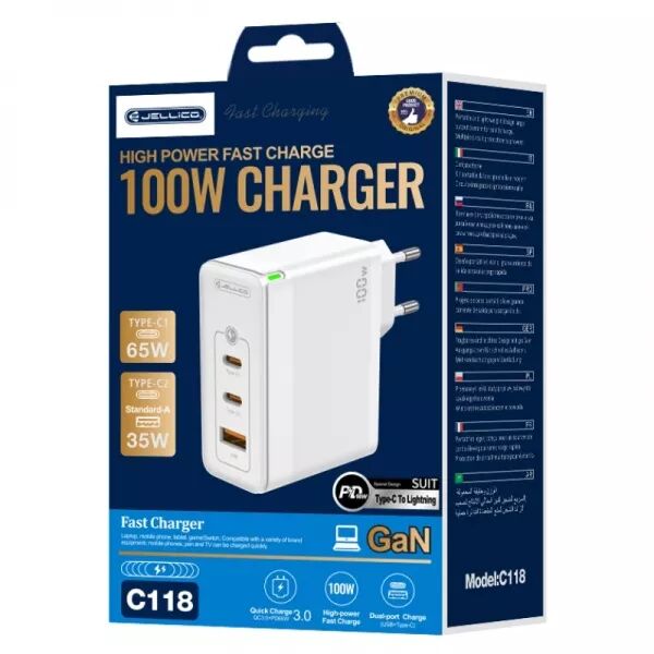 Adaptateur secteur Triple port 2X USB-C + 1X USB (100W) JELLICO C118 (Boite/blister) Blanc
