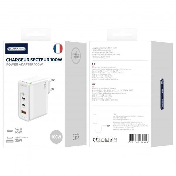 Adaptateur secteur Triple port 2X USB-C + 1X USB (100W) JELLICO C118 Blanc Adaptateur secteur Triple port 2X USB-C + 1X USB (100W) JELLICO C118 Blanc
