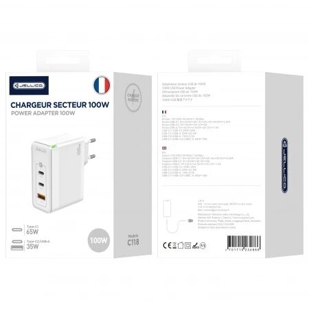 Adaptateur secteur Triple port 2X USB-C + 1X USB (100W) JELLICO C118 Blanc