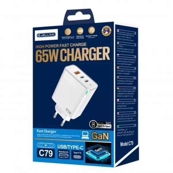 Adaptateur secteur Triple port 2X USB-C + 1X USB (65W) JELLICO C79 (Boite/blister) Blanc