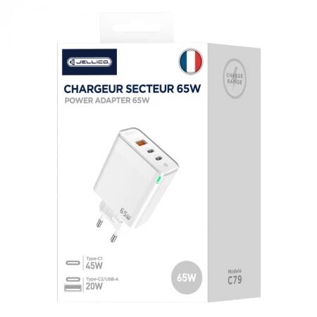 Adaptateur secteur Triple port 2X USB-C + 1X USB (65W) JELLICO C79 Blanc