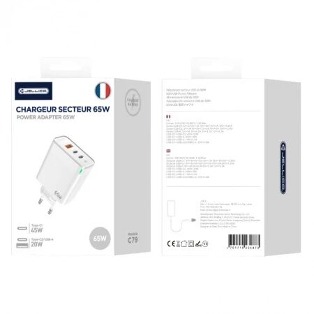 Adaptateur secteur Triple port 2X USB-C + 1X USB (65W) JELLICO C79 Blanc