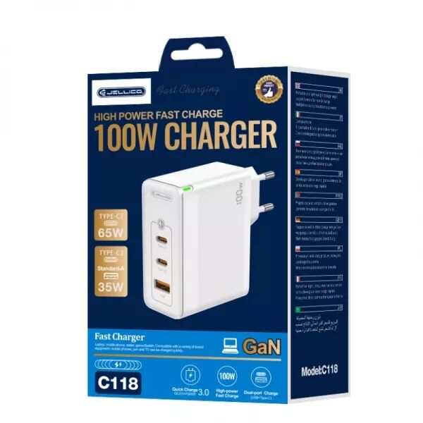 Adaptateur secteur Triple port 2X USB-C + 1X USB-A (100W) avec cable USB-C/Type C vers Lightning JELLICO C118 (Boite/blister) blanc