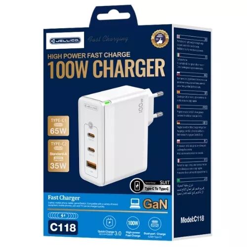 Adaptateur secteur Triple port 2X USB-C + 1X USB-A (100W) avec cable USB-C/Type C vers Type C JELLICO C118 (Boite/blister) blanc