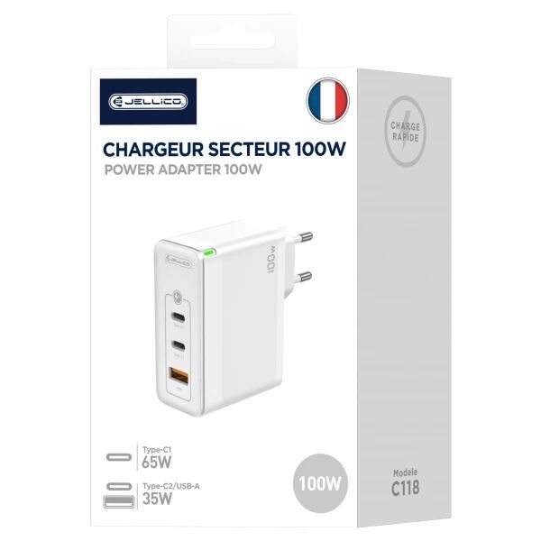 Adaptateur secteur Triple port 2X Usb-C + 1X Usb-A (100W) avec cable Usb-C/Type C vers Type C JELLICO C118 blanc