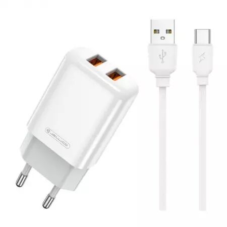 Adaptateur secteur USB (2.4 A) double port avec cable USB vers USB-C JELLICO EU02 (Boite/BLISTER) blanc